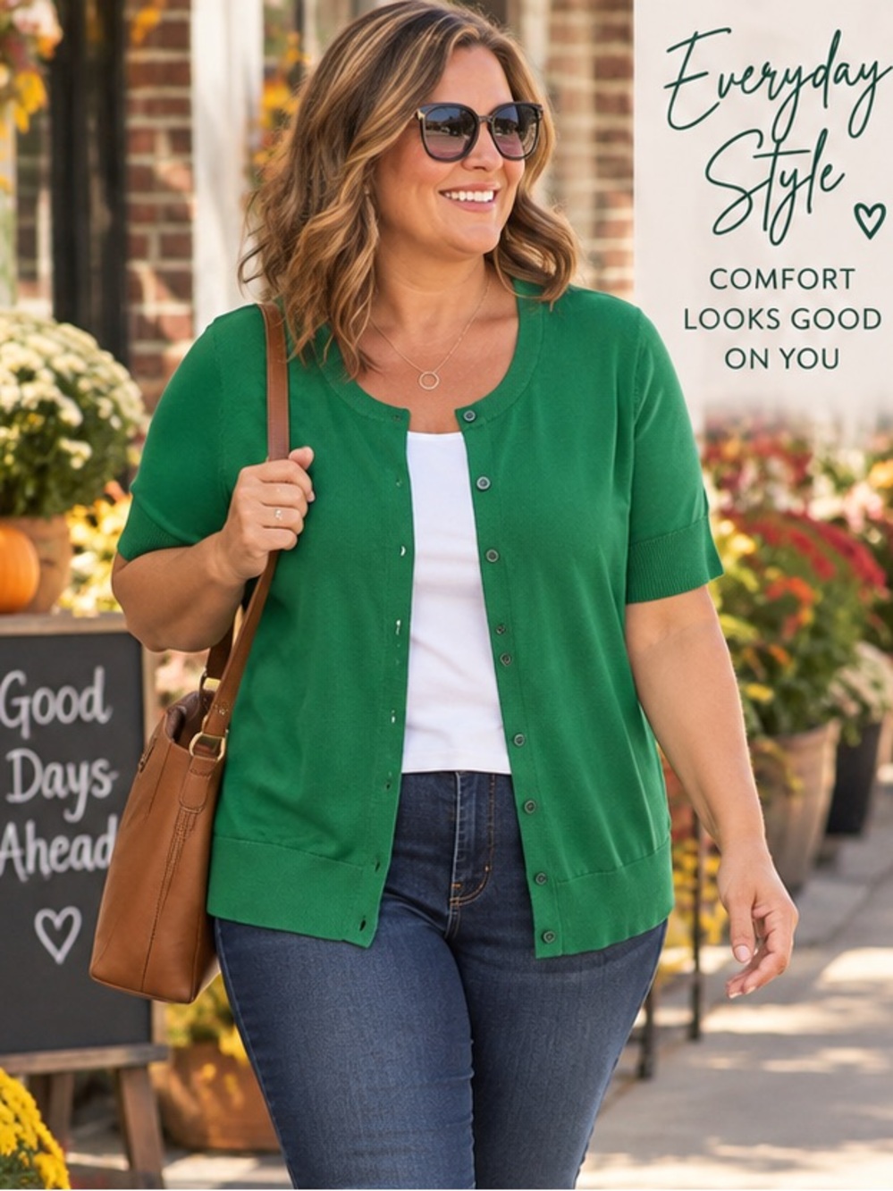 Woman Within Emerald Green Short-Sleeve Button-Front Cardigan